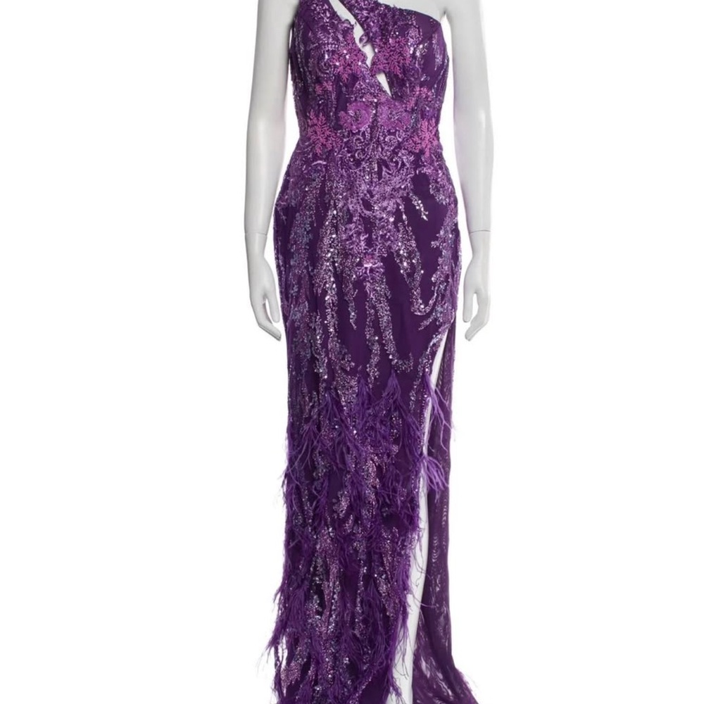 Portia and Scarlett One-Shoulder Purple Sequin Feather Gown